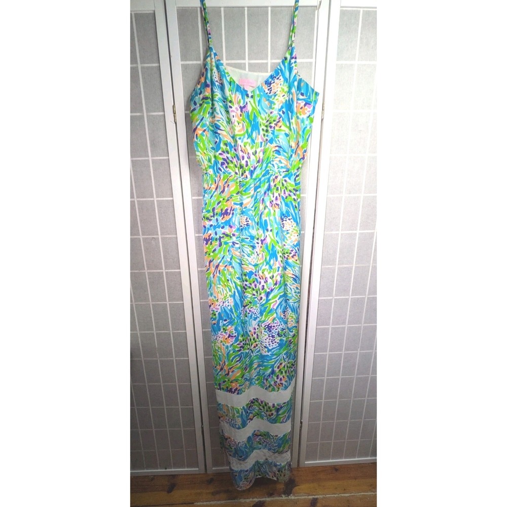 Lilly Pulitzer Deanna Maxi Dress Large Resort White Sea Soiree Aqua Lime Flowy